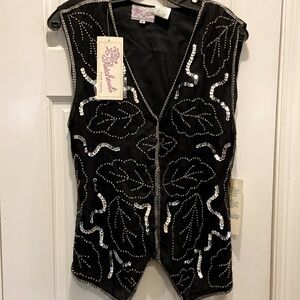Vintage Patchouli Black Silk Sequin and Beaded Vest